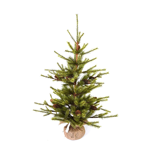 A three-foot porch tree with pinecones and a burlap base.